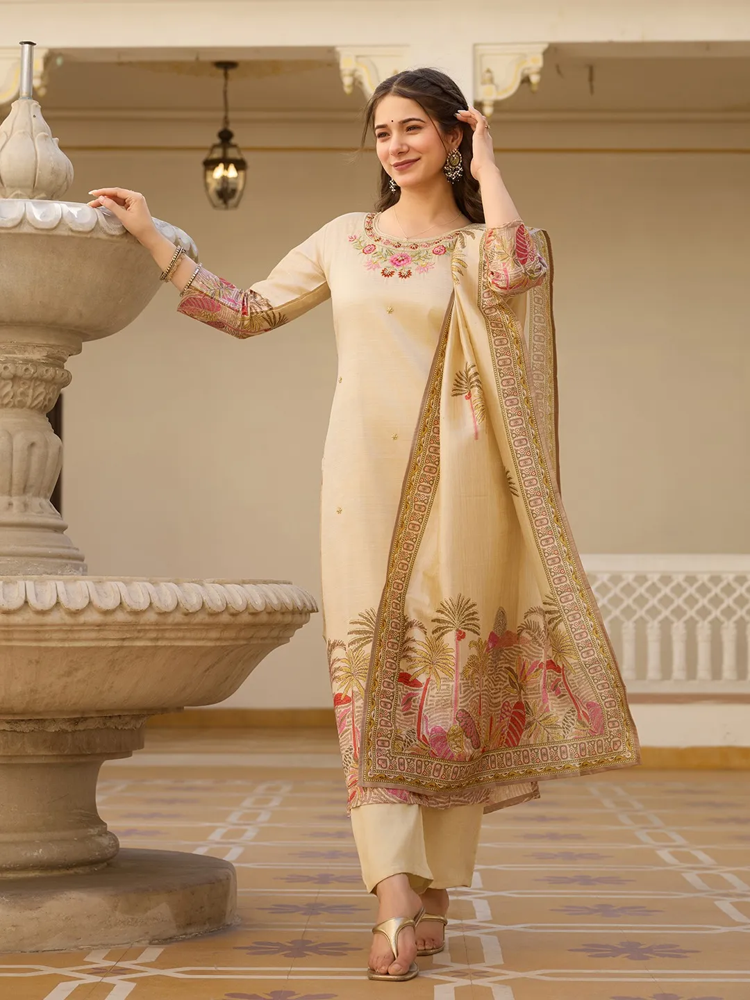 Beige Embroidered Silk Kurti Pant Dupatta Set Women