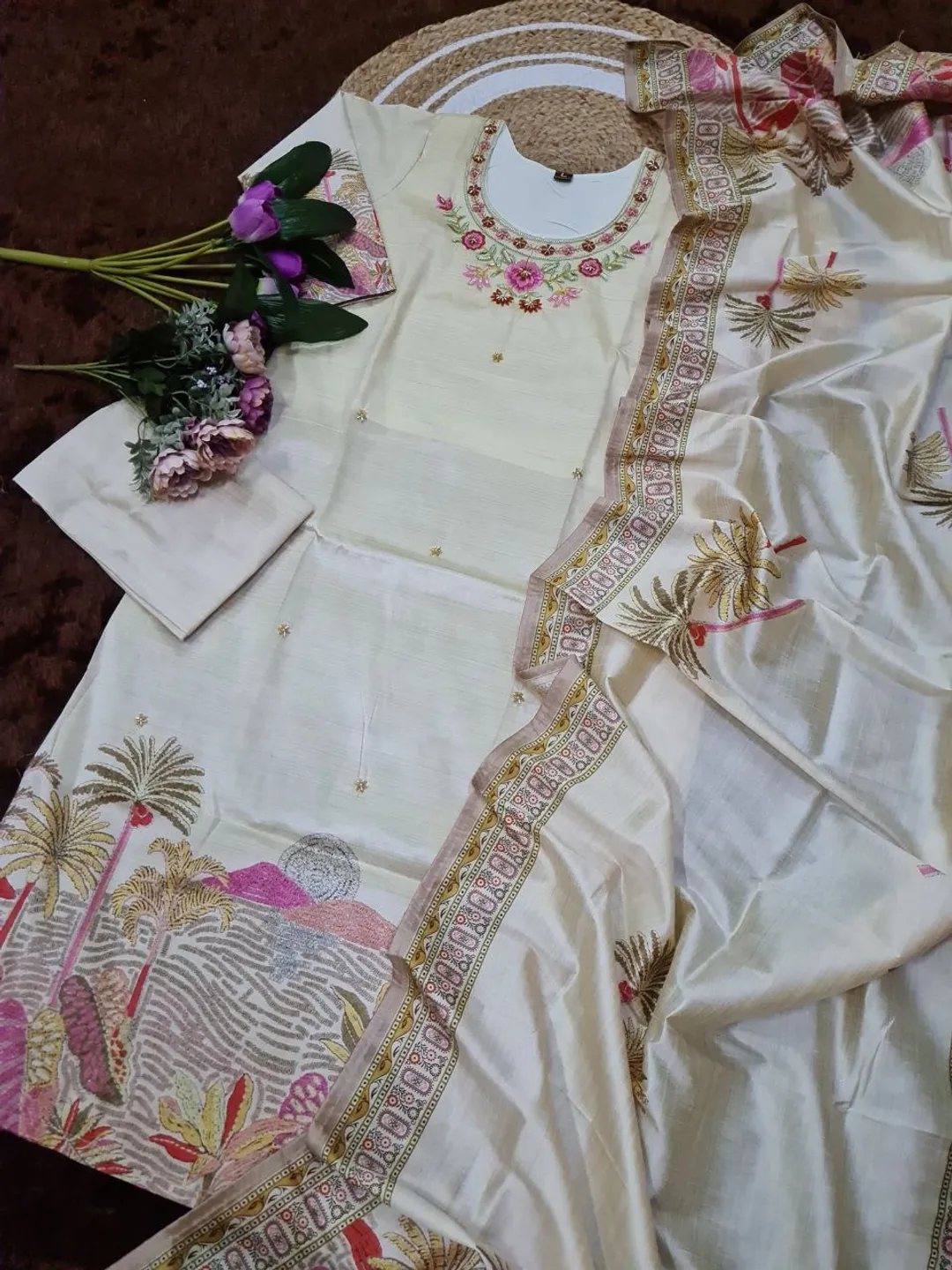 Beige Embroidered Silk Kurti Pant Dupatta Set Women