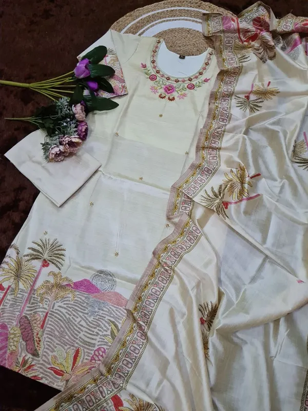 Beige Embroidered Silk Kurti Pant Dupatta Set Women