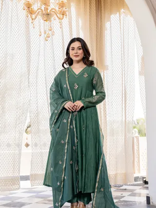 Elegant Green Chanderi Silk Kurti Pant Dupatta Set