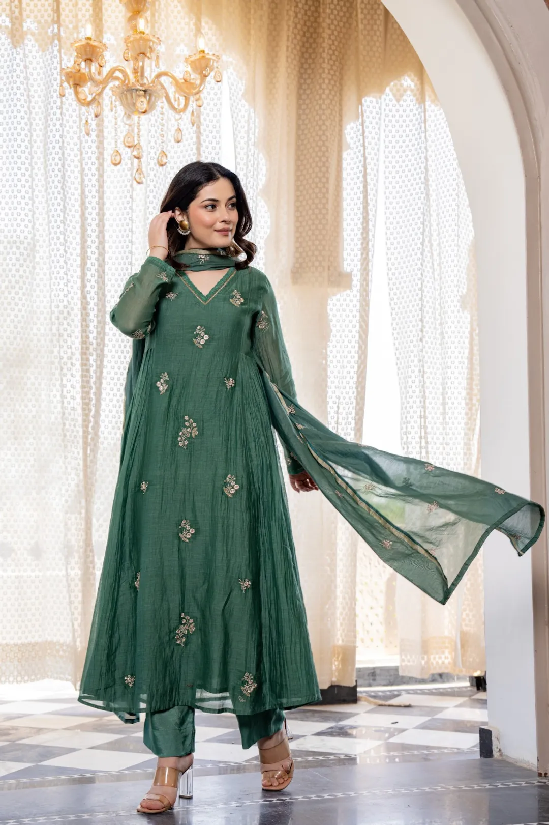Elegant Green Chanderi Silk Kurti Pant Dupatta Set