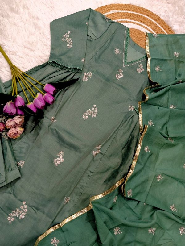 Elegant Green Chanderi Silk Kurti Pant Dupatta Set