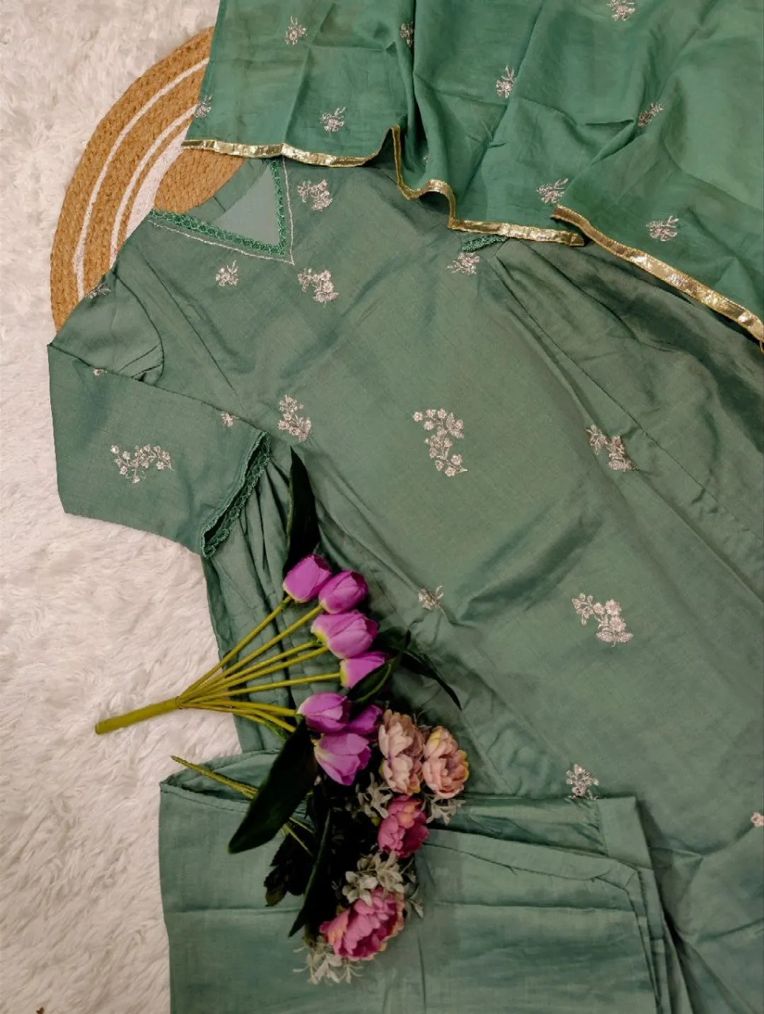 Elegant Green Chanderi Silk Kurti Pant Dupatta Set