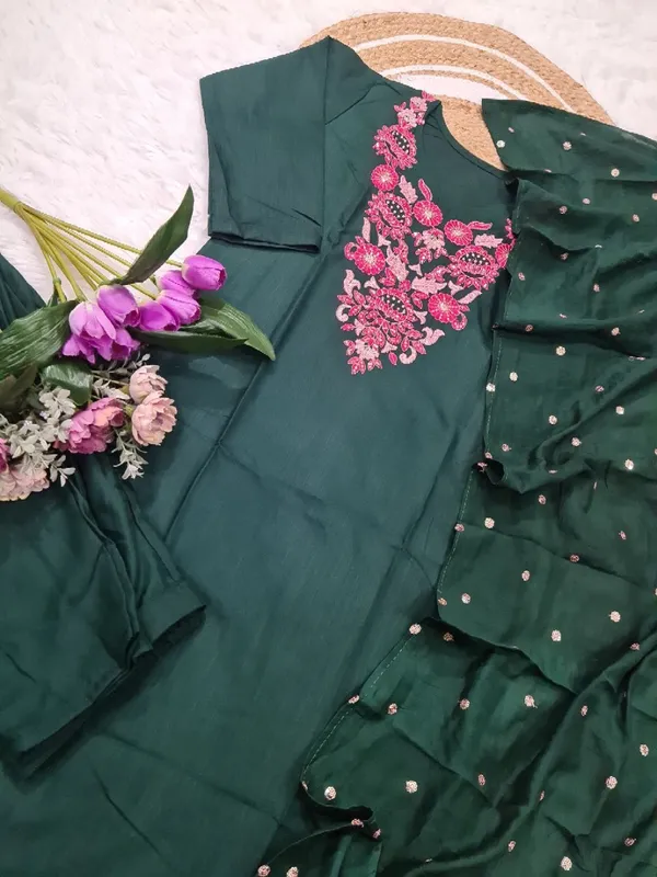 Green Rayon Embroidered Kurti Pant Dupatta Set