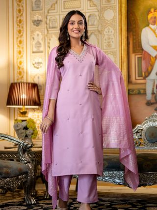 Pink Rayon Embroidered Kurti Pant Dupatta Set