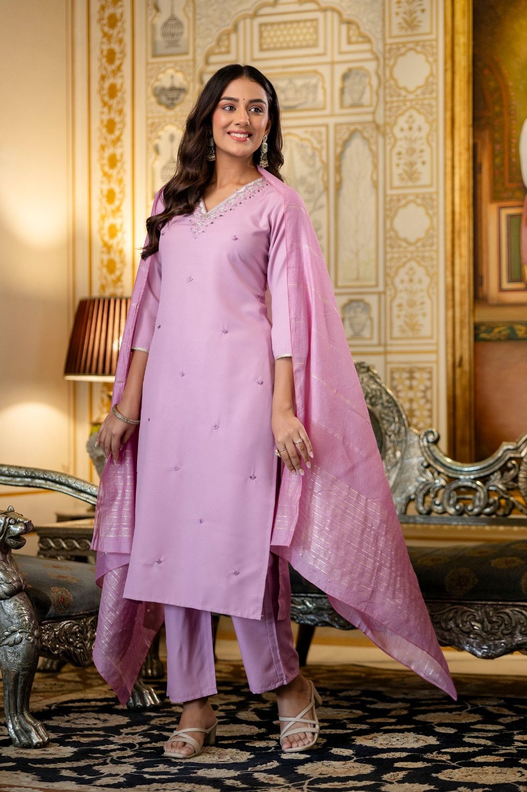 Pink Rayon Embroidered Kurti Pant Dupatta Set