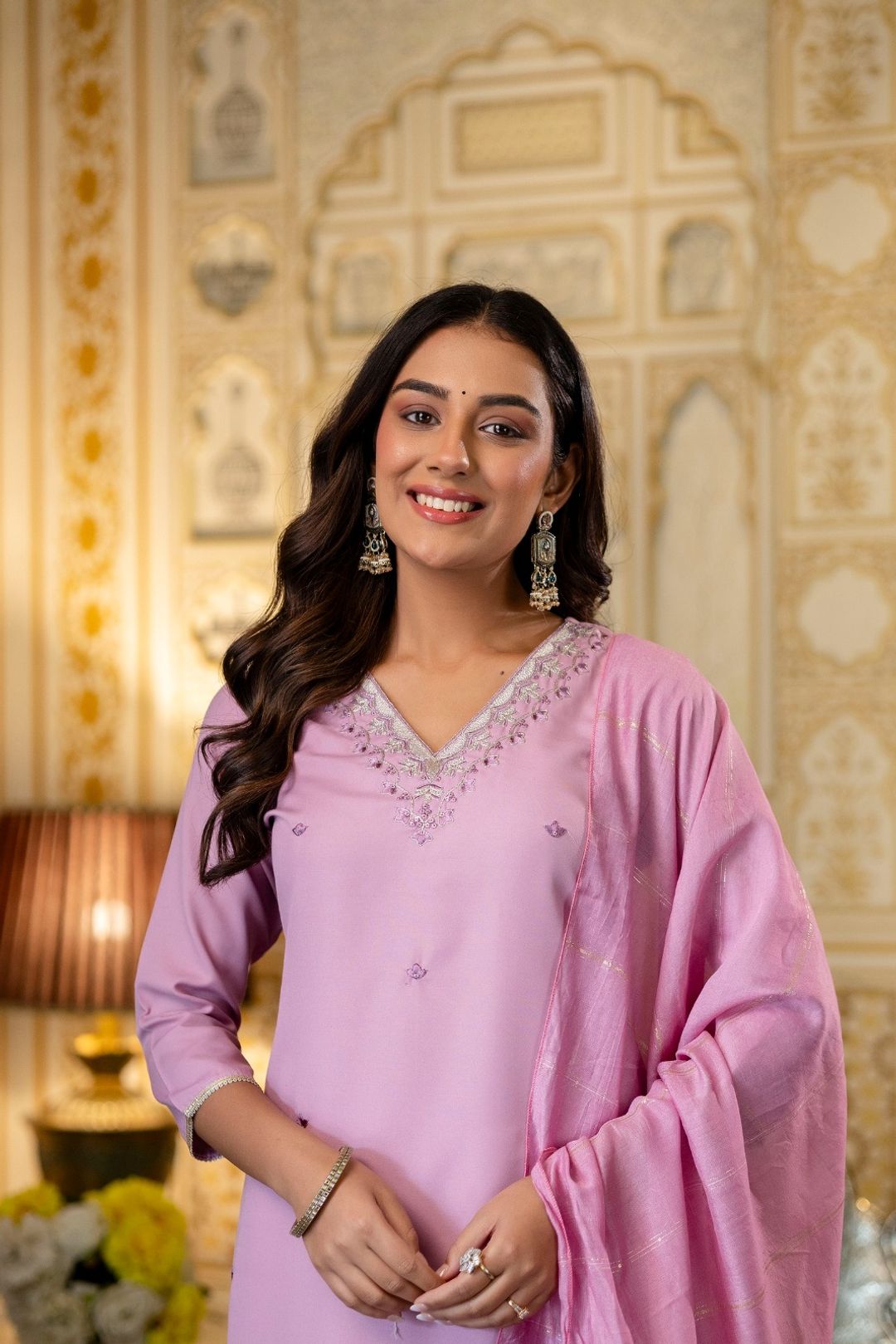 Pink Rayon Embroidered Kurti Pant Dupatta Set