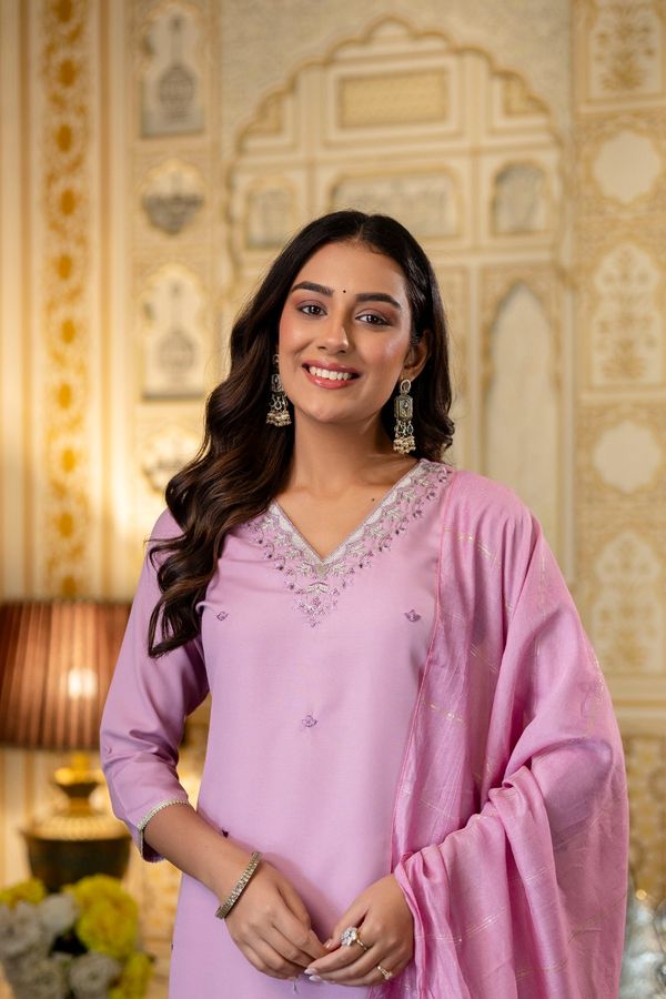 Pink Rayon Embroidered Kurti Pant Dupatta Set