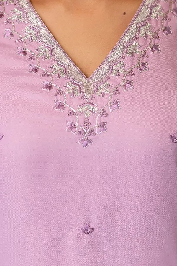 Pink Rayon Embroidered Kurti Pant Dupatta Set