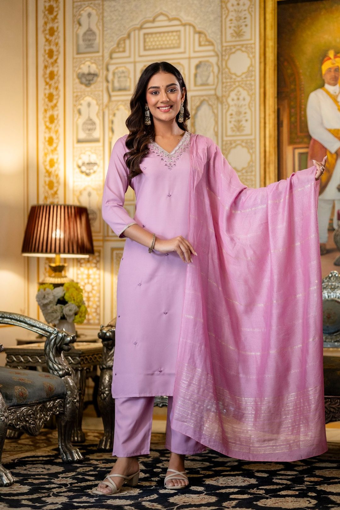 Pink Rayon Embroidered Kurti Pant Dupatta Set