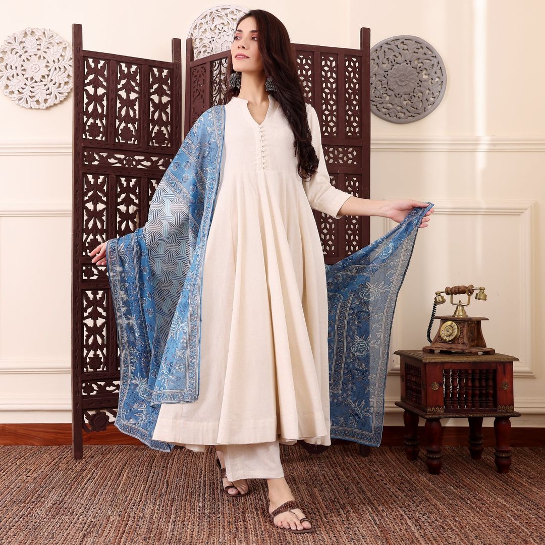 Cream Chanderi Silk Kurti Pant Dupatta Set for Women