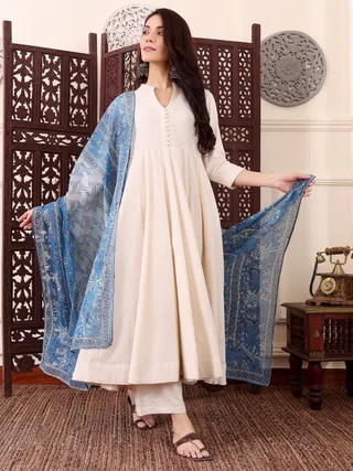 Cream Chanderi Silk Kurti Pant Dupatta Set for Women