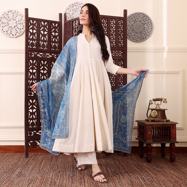 Cream Chanderi Silk Kurti Pant Dupatta Set for Women