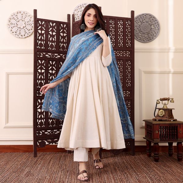 Cream Chanderi Silk Kurti Pant Dupatta Set for Women
