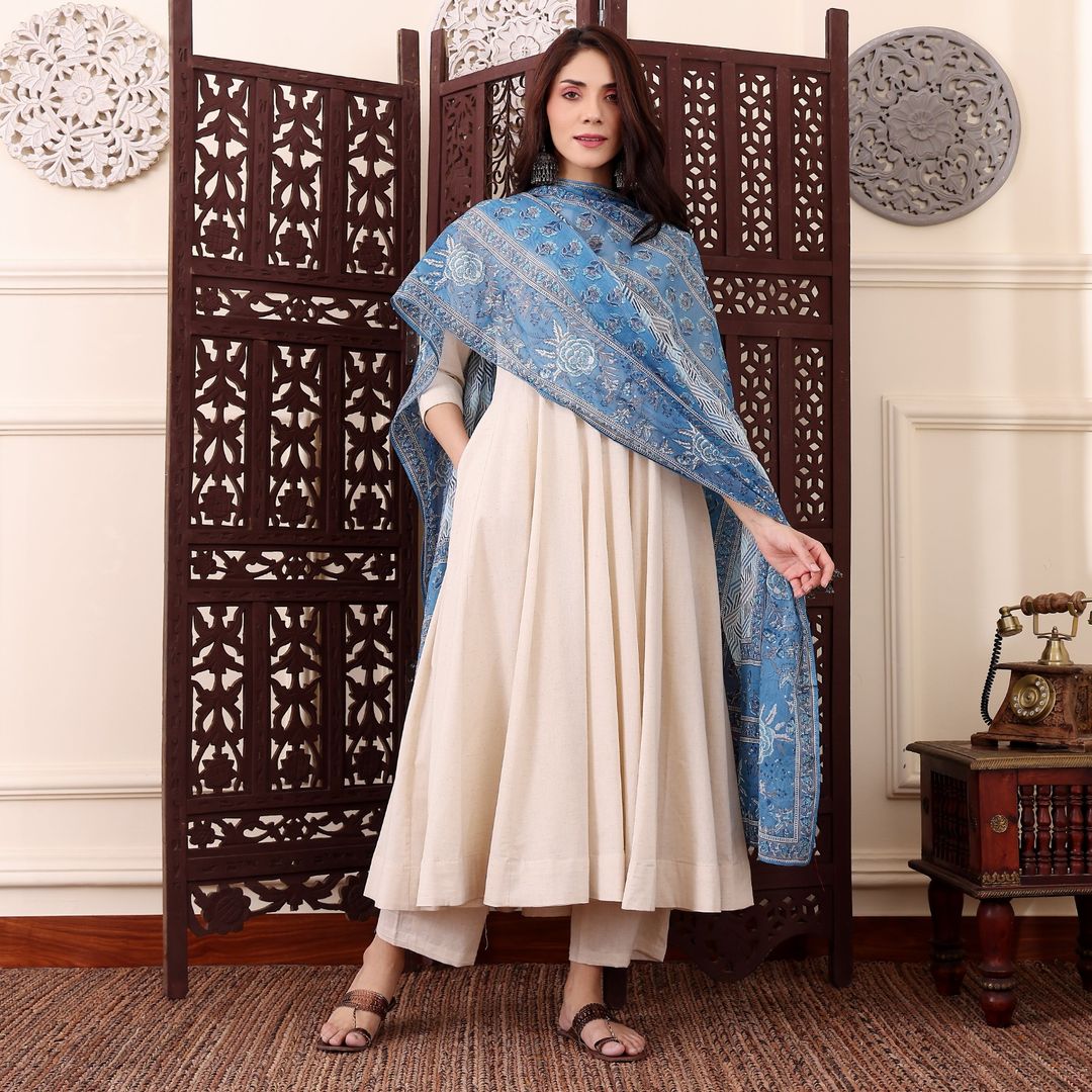 Cream Chanderi Silk Kurti Pant Dupatta Set for Women