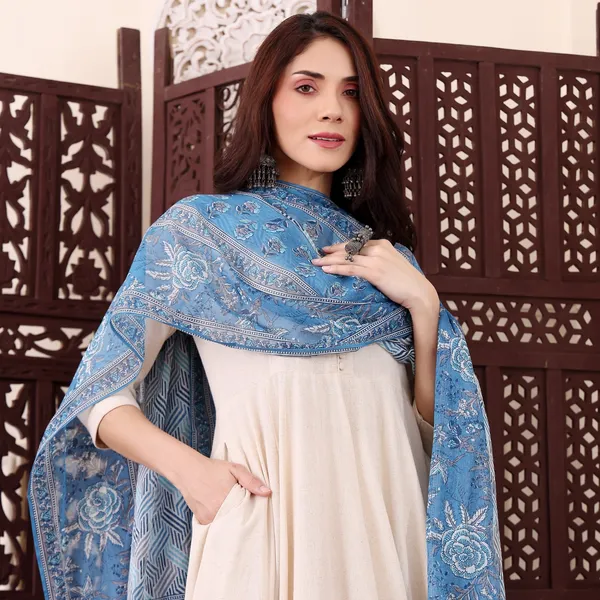 Cream Chanderi Silk Kurti Pant Dupatta Set for Women