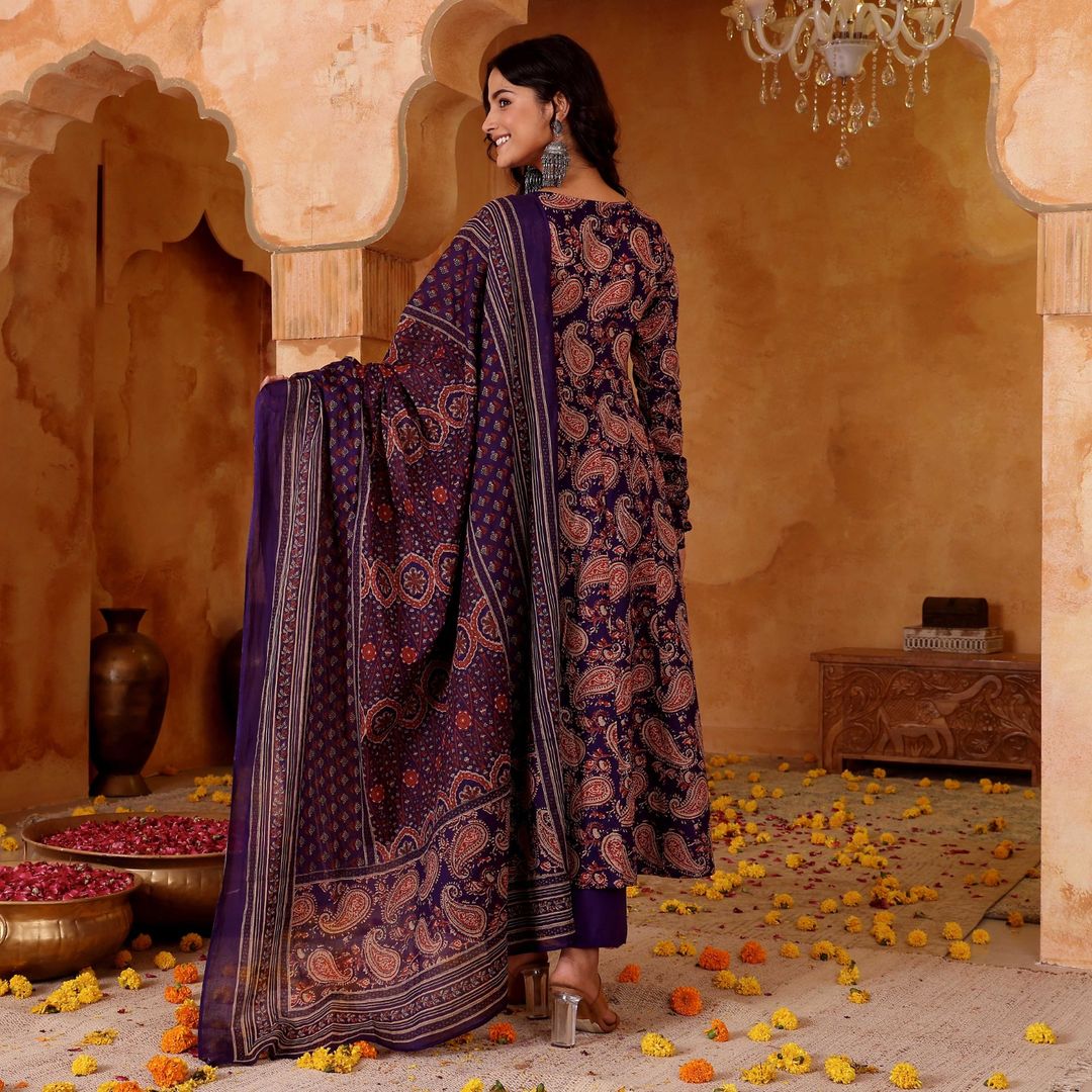 Purple Printed Rayon Kurti Pant Dupatta Set Women