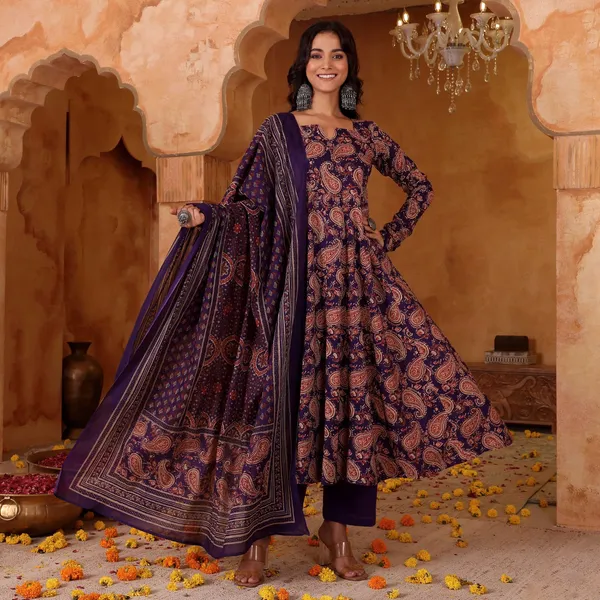 Purple Printed Rayon Kurti Pant Dupatta Set Women