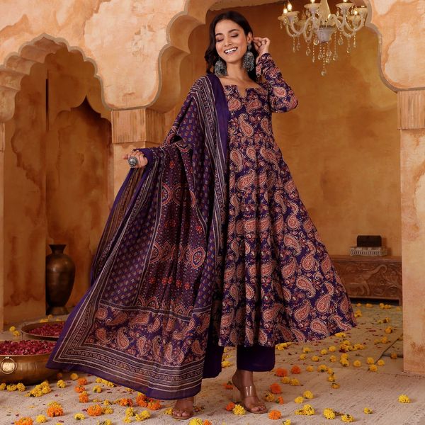 Purple Printed Rayon Kurti Pant Dupatta Set Women