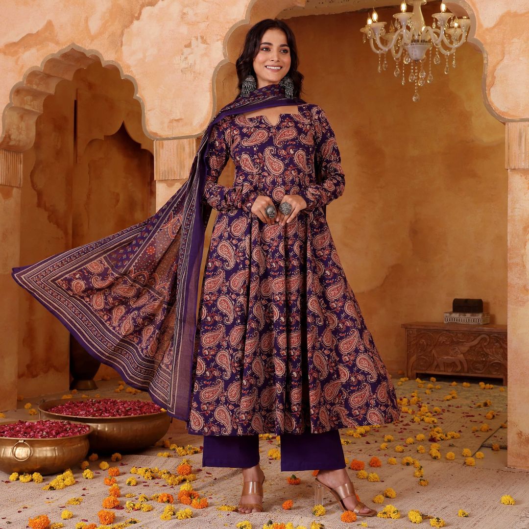 Purple Printed Rayon Kurti Pant Dupatta Set Women