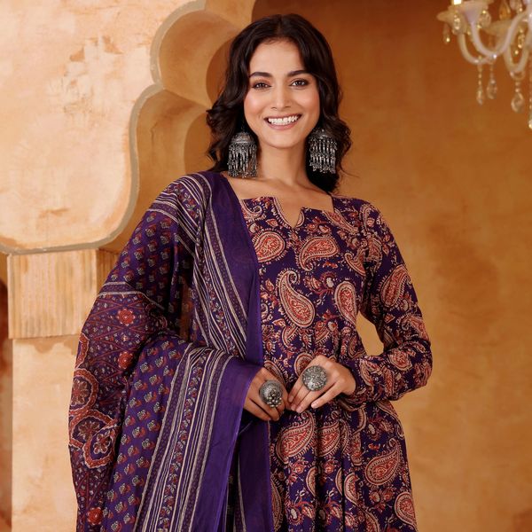 Purple Printed Rayon Kurti Pant Dupatta Set Women