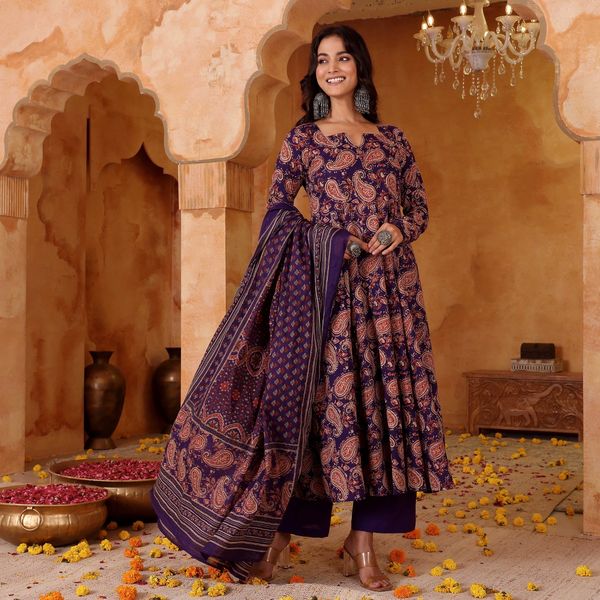 Purple Printed Rayon Kurti Pant Dupatta Set Women