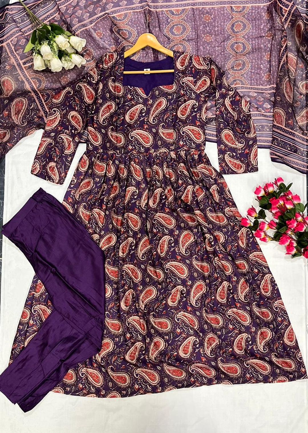 Purple Printed Rayon Kurti Pant Dupatta Set Women