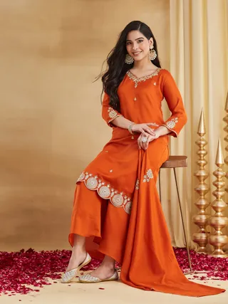 Orange Embroidered Vichitra Silk Kurti Set with Dupatta