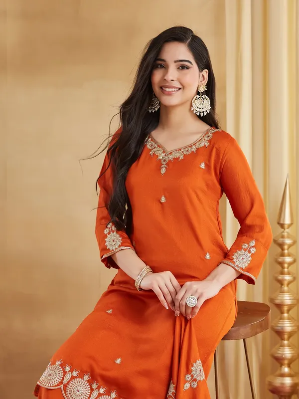 Orange Embroidered Vichitra Silk Kurti Set with Dupatta