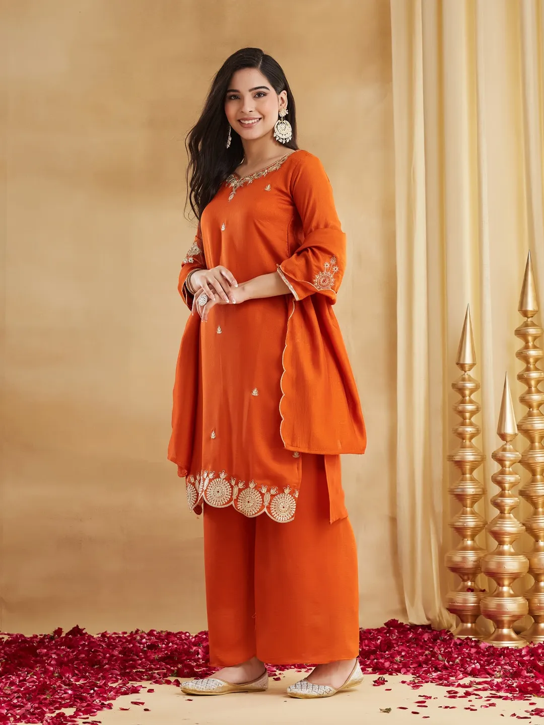 Orange Embroidered Vichitra Silk Kurti Set with Dupatta