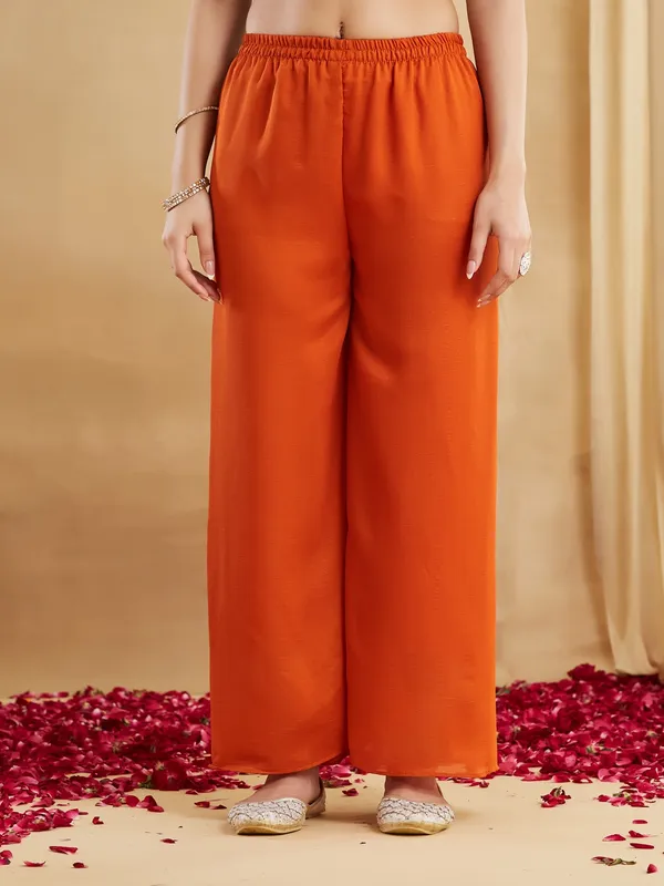 Orange Embroidered Vichitra Silk Kurti Set with Dupatta