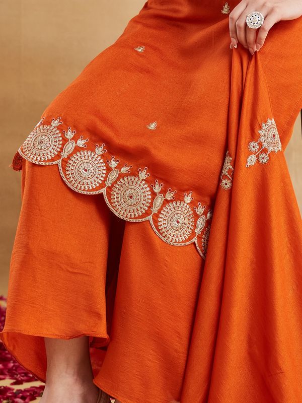 Orange Embroidered Vichitra Silk Kurti Set with Dupatta