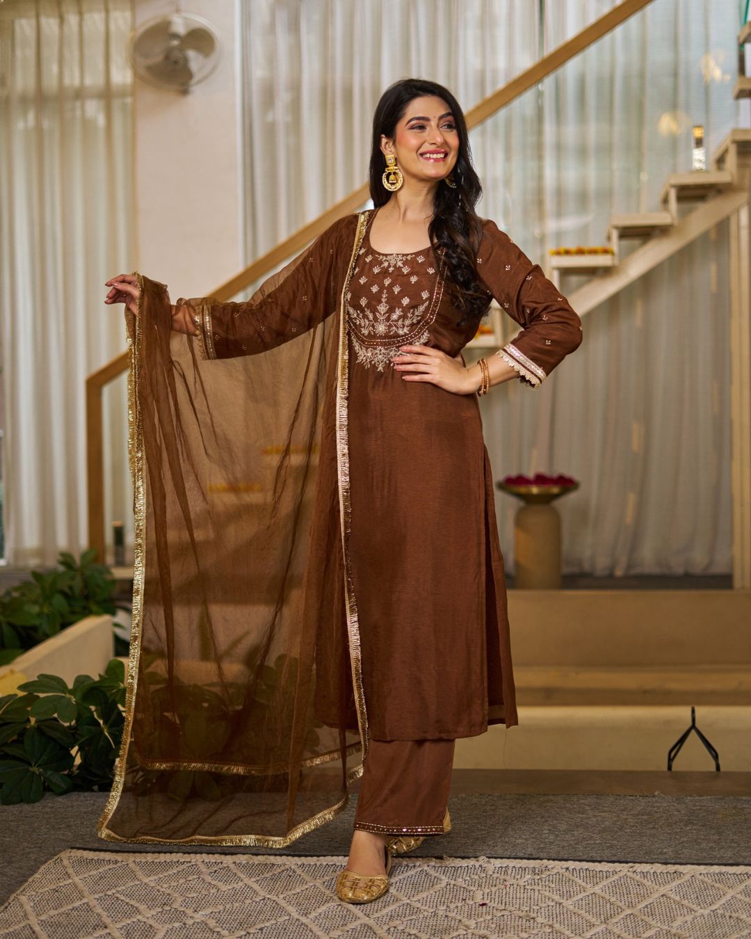 Brown Embroidered Vichitra Silk Kurti Set with Dupatta