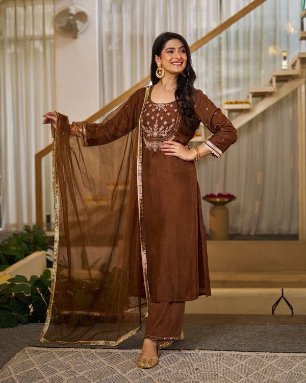 Brown Embroidered Vichitra Silk Kurti Set with Dupatta