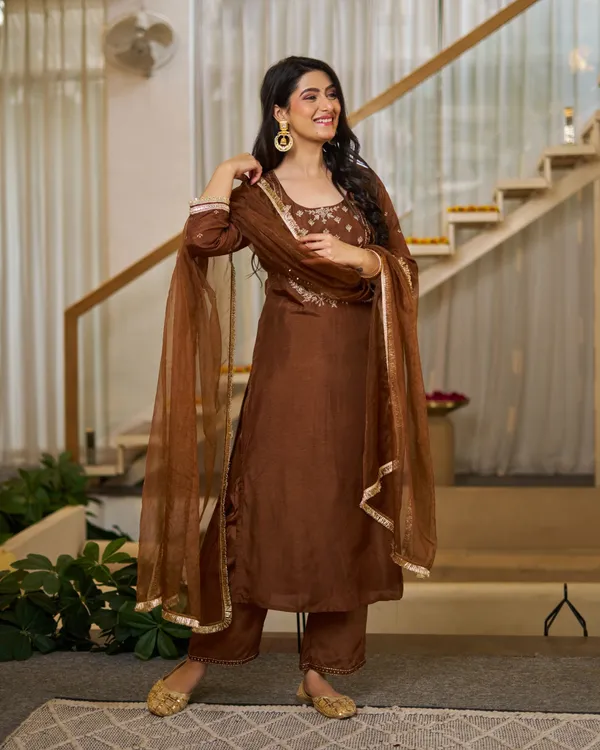 Brown Embroidered Vichitra Silk Kurti Set with Dupatta