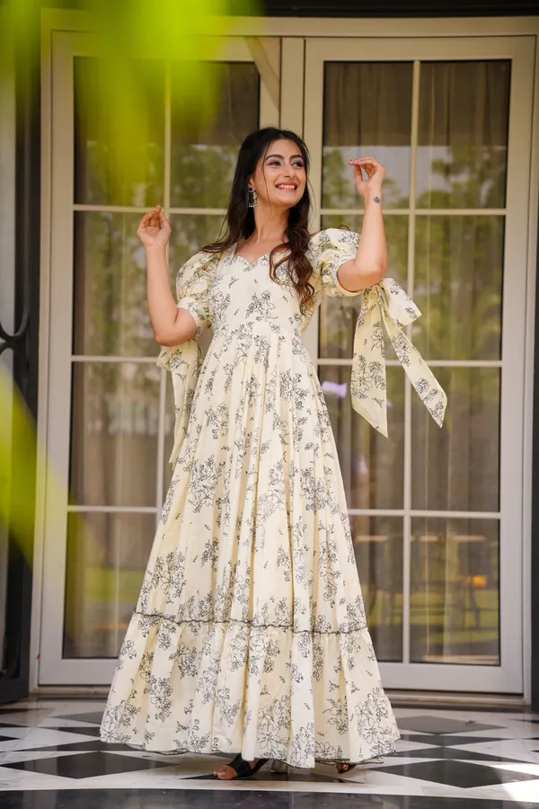 Cream Floral Printed Western Dress for Women