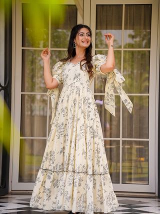 Cream Floral Printed Western Dress for Women
