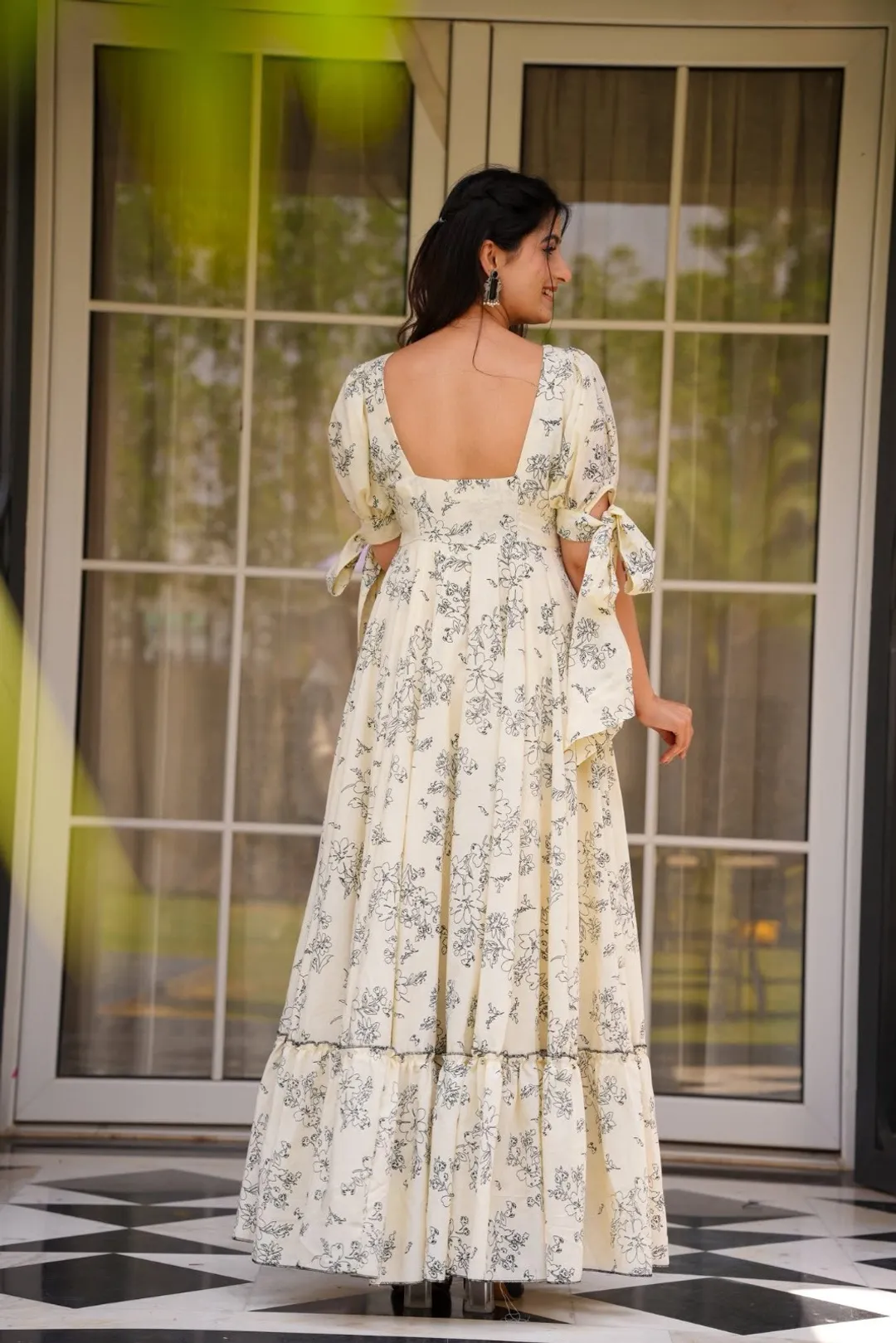 Cream Floral Printed Western Dress for Women