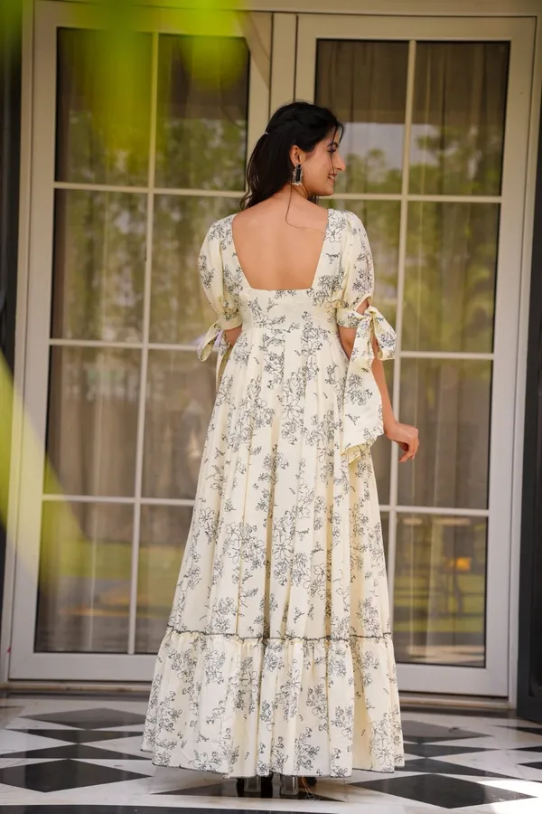 Cream Floral Printed Western Dress for Women