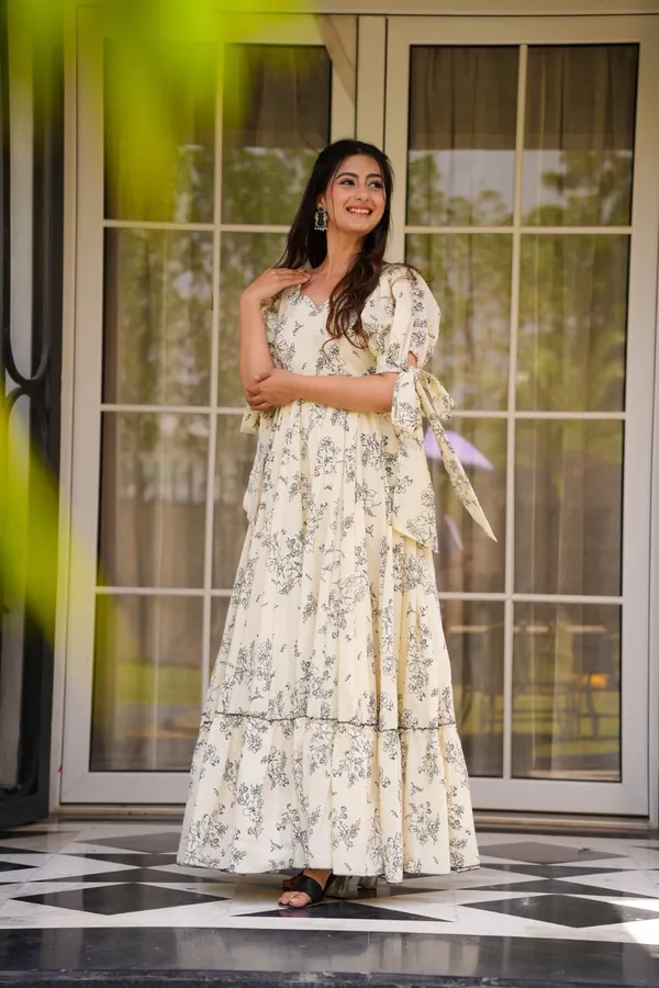 Cream Floral Printed Western Dress for Women
