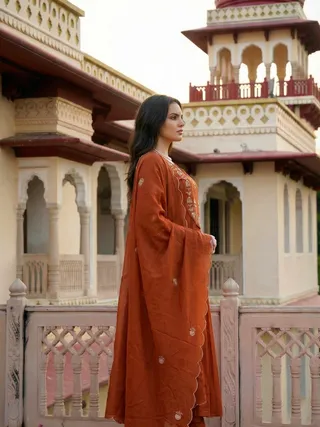 Rust Chanderi Silk Embroidered Kurta Set with Dupatta