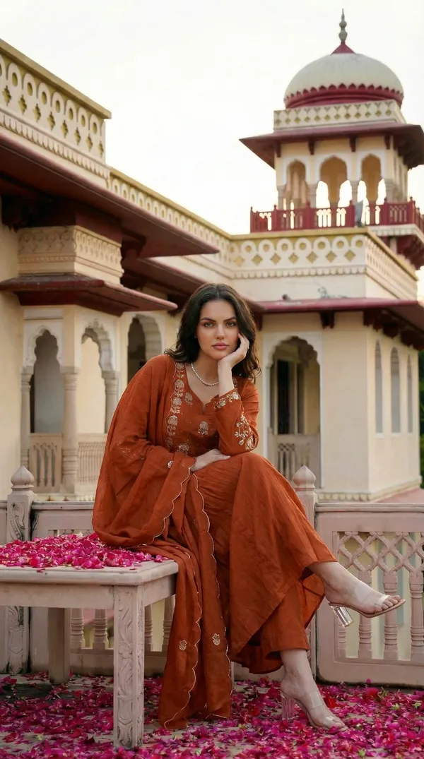 Rust Chanderi Silk Embroidered Kurta Set with Dupatta