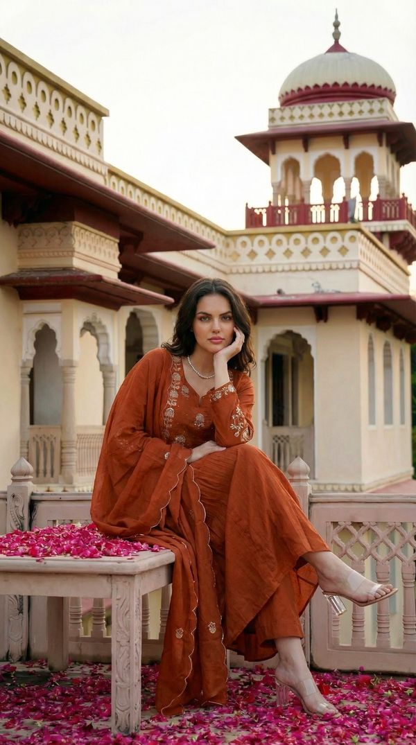 Rust Chanderi Silk Embroidered Kurta Set with Dupatta