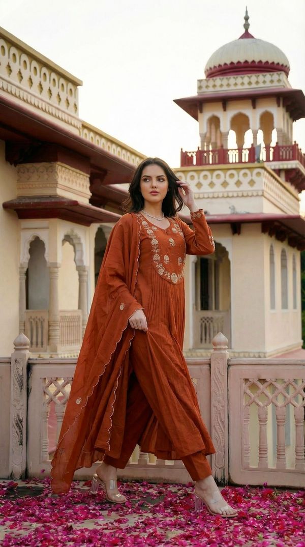 Rust Chanderi Silk Embroidered Kurta Set with Dupatta
