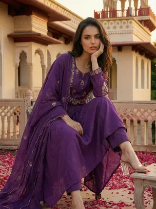 Purple Chanderi Silk Embroidered Kurta Set with Dupatta