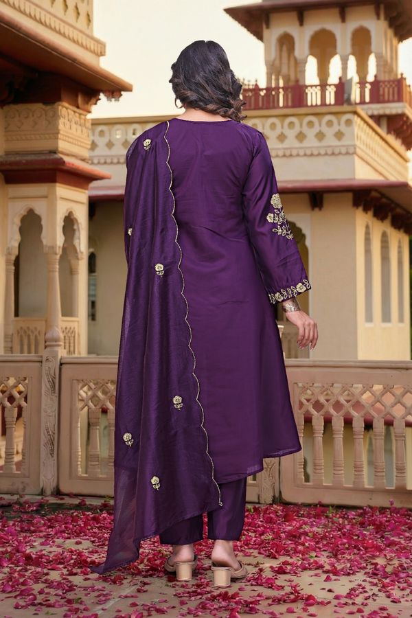 Purple Chanderi Silk Embroidered Kurta Set with Dupatta