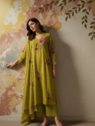 Olive Green Chanderi Silk Embroidered Kurta Set Dupatta