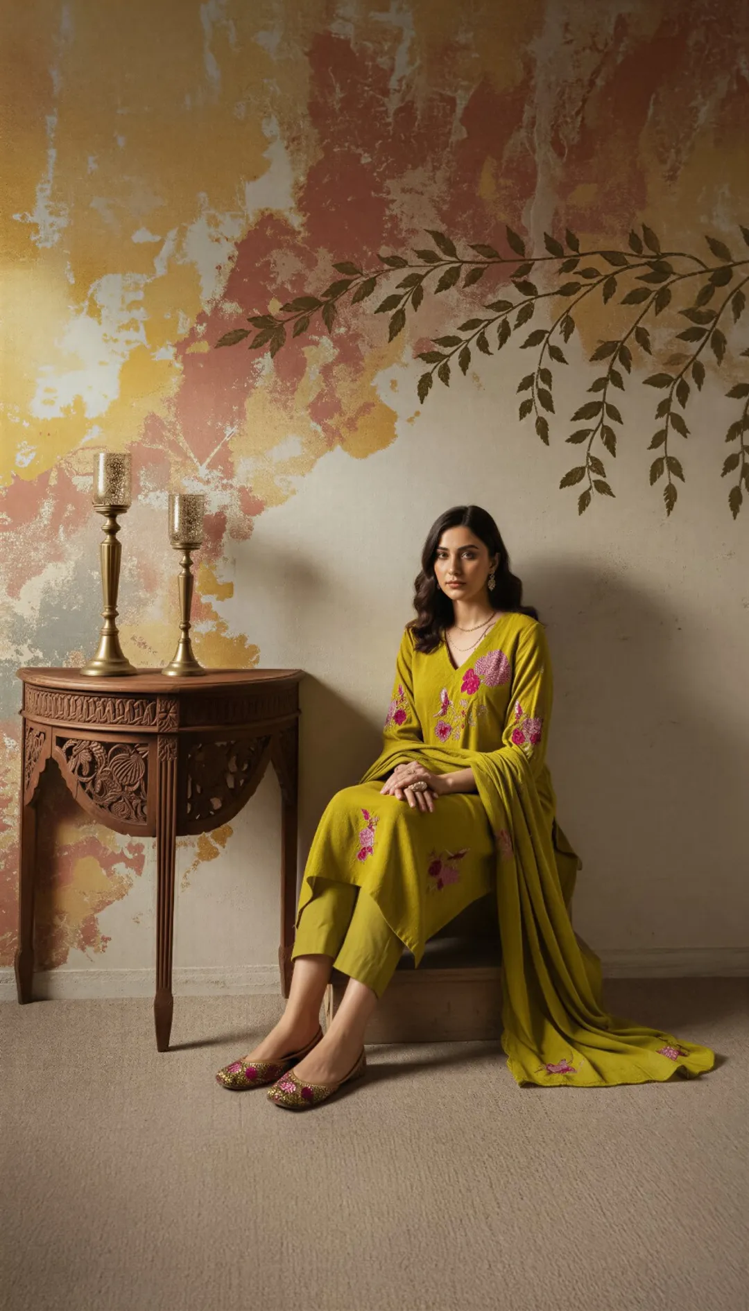 Olive Green Chanderi Silk Embroidered Kurta Set Dupatta