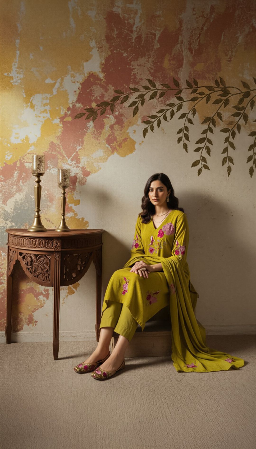 Olive Green Chanderi Silk Embroidered Kurta Set Dupatta