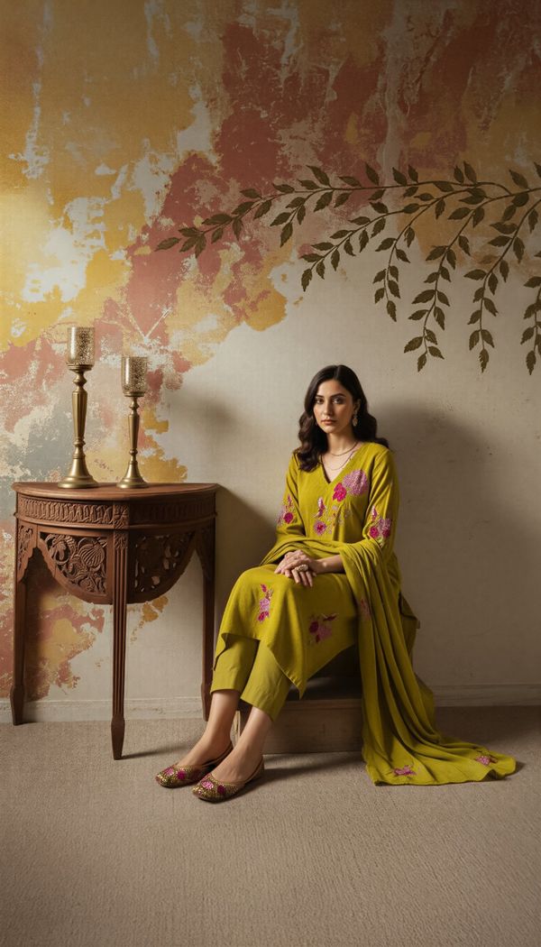 Olive Green Chanderi Silk Embroidered Kurta Set Dupatta